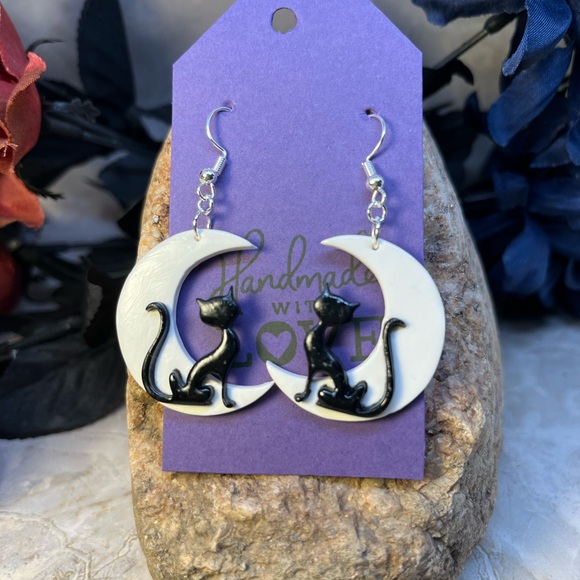 Handmade Jewelry - Black Cat on a Moon polymer clay earrings.